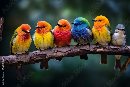 Vivid birds perched on branch. Generative AI © Christopher