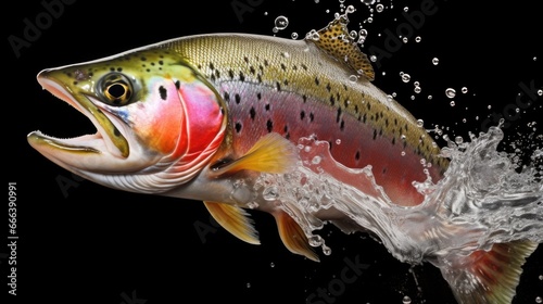 Detailed trout portrayal with vibrant colors in water. Digital art illustration.