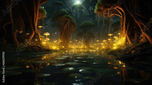 Enchanted forest illuminated by magical lights with reflecting pond. Fantasy and wonder.