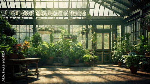 Sunlit conservatory with variety of flora on display. Garden and horticulture.