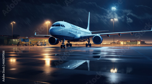 an airport at night has an airplane on the asphalt photo