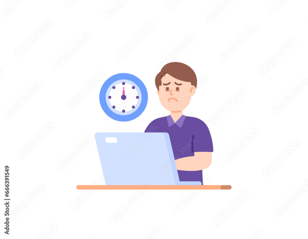 A man works until midnight. overtime work. The appearance of eye bags or dark circles due to frequent staying up late or lack of sleep. health problems. Flat or cartoon illustration design. vector A man works until midnight. overtime work. The appearance of eye bags or dark circles due to frequent staying up late or lack of sleep. health problems. Flat or cartoon illustration design. vector