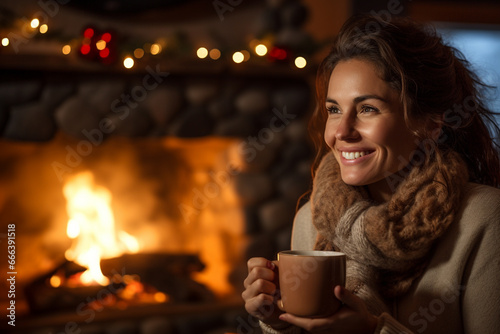 woman in a sweater holding a mug of hot coffee in front of a fireplace in winter photo