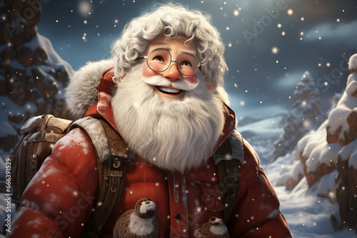 A cheerful cartoon of Santa Claus enjoying a snowy walk with his reindeer. 