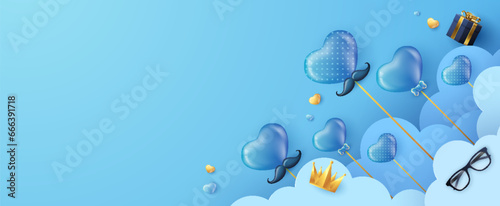 Banner template for Father's Day with bow tie design, and gift boxes. The theme of congratulations and gifts for Father's Day. Shopping and promotion template for father love concept.