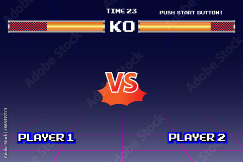 Versus Screen retro game on glitch background of analog tv