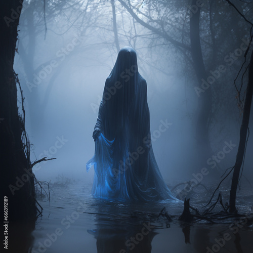 A ghostly figure emerging from a foggy swamp with eerie blue lights. 