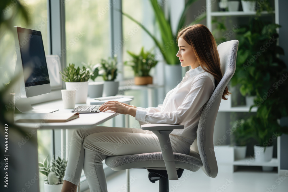 Concentrated young woman sitting in comfortable adjustable armchair, studying or working on computer in modern office