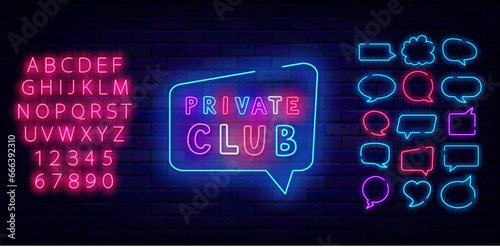 Private club neon label. Premium access. Speech bubbles frames set. Shiny pink alphabet. Vector stock illustration