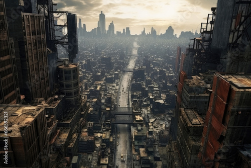 top view post-apocalyptic streets of a big city with skyscrapers