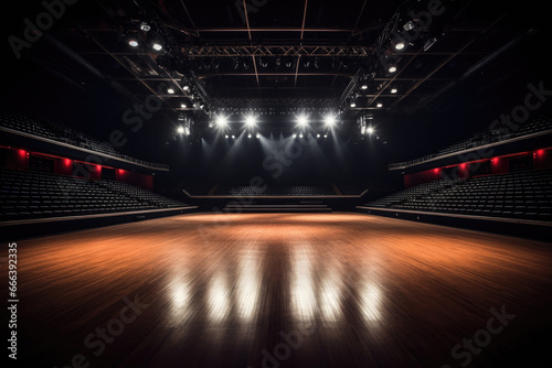 Empty stage floor against the backdrop of an empty concert hall