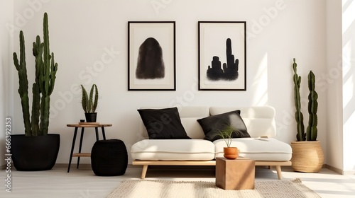 Trendy white living room with modern decoration, simple home decor. Room with black furniture, frame, cactus and some plants. Generative AI © Lucky Ai