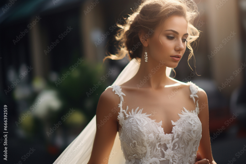 Bride in wedding dress on bokeh style background Bride in wedding dress on bokeh style background