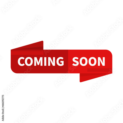 Coming Soon In Red Rectangle Ribbon Shape For Announcement Launching
