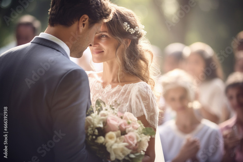 Groom and bride in wedding dresses on a crowded background