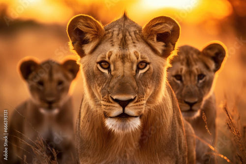 A flock of lions in the savannah at sunset © Veniamin Kraskov