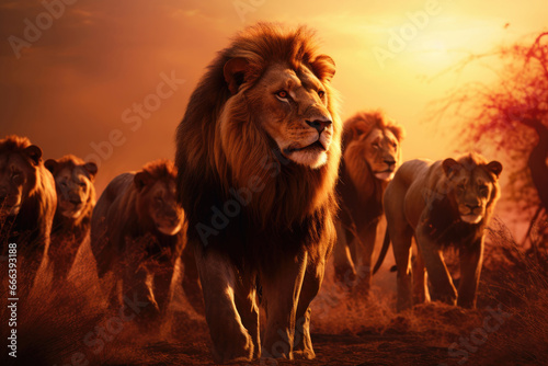 A flock of lions in the savannah at sunset