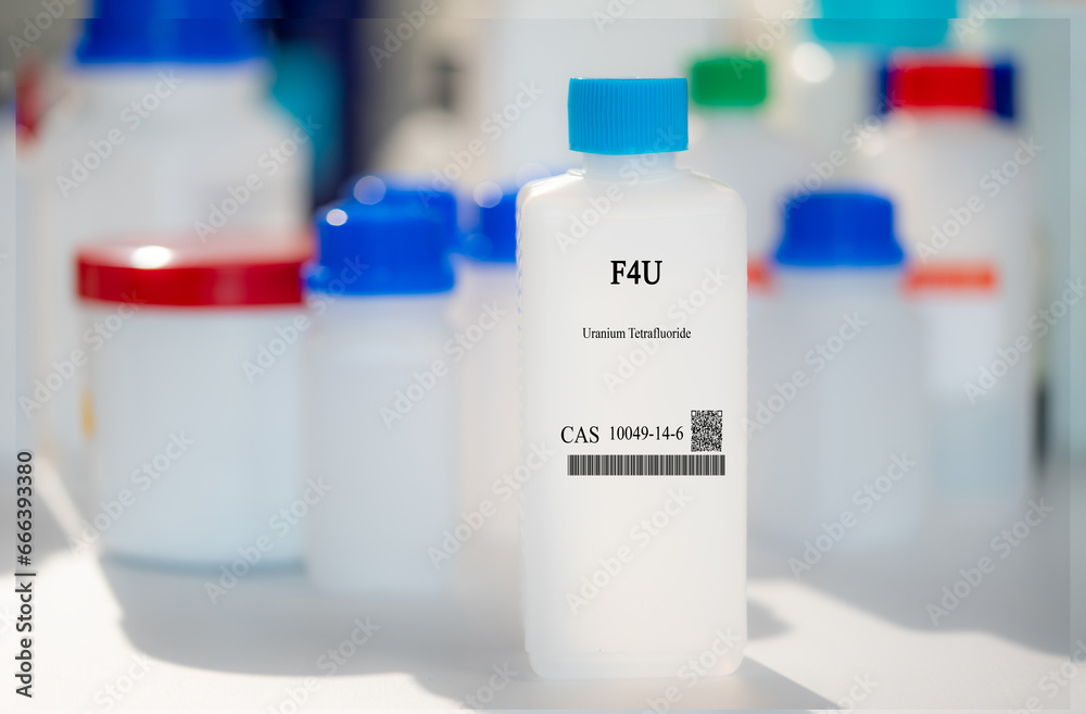 F4U uranium tetrafluoride CAS 10049-14-6 chemical substance in white plastic laboratory packaging F4U uranium tetrafluoride CAS 10049-14-6 chemical substance in white plastic laboratory packaging