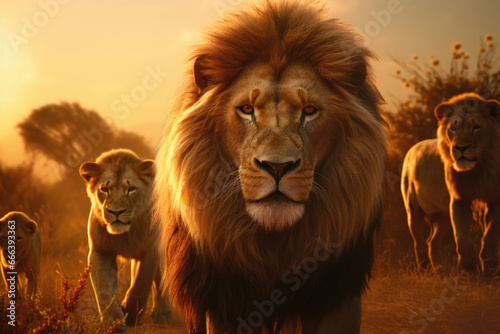 A flock of lions in the savannah at sunset © Veniamin Kraskov