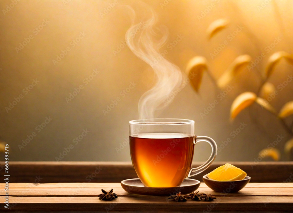 the essence of warmth and comfort in an image of a hot tea mug on a rustic wooden table. the essence of warmth and comfort in an image of a hot tea mug on a rustic wooden table.