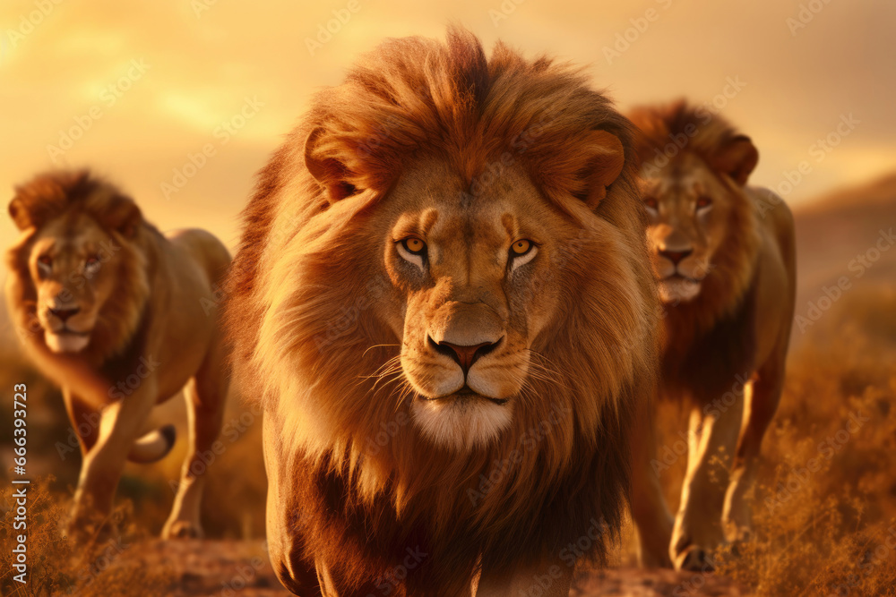 A flock of lions in the savannah at sunset