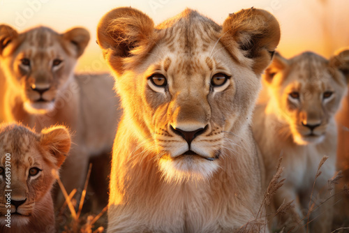 A flock of lions in the savannah at sunset