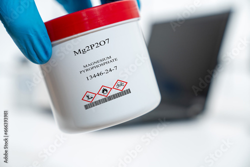 Mg2P2O7 magnesium pyrophosphate CAS 13446-24-7 chemical substance in white plastic laboratory packaging photo