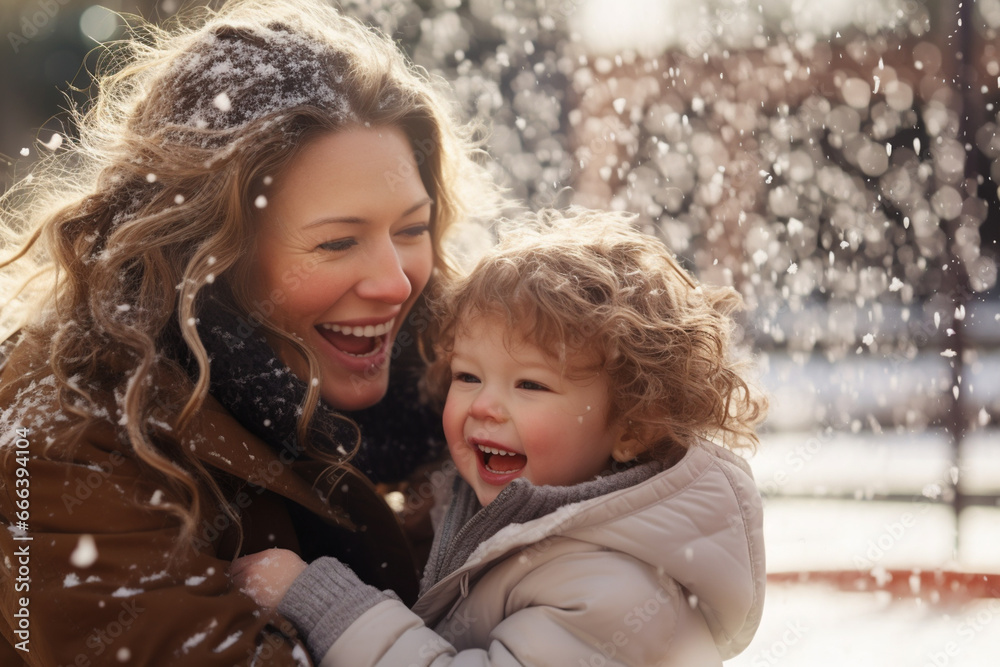 Mother playing with snow with child in front of house in winter Mother playing with snow with child in front of house in winter