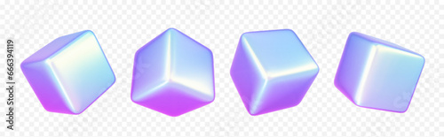 Realistic set of holographic 3D cubes isolated on transparent background. Vector illustration of iridescent square blocks angle and side view, geometric solid figure with glossy surface, decor element