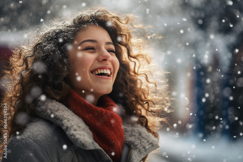 A woman in winter clothes plays in the snow in front of house A woman in winter clothes plays in the snow in front of house