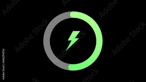 Green battery charging animation with power icon isolated on a black background.