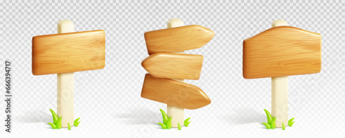 Wooden signboard 3d vector set - various boards and arrows with wood texture. Realistic illustration of blank panels and banners. Text boxes or street direction billboard on pole with grass.
