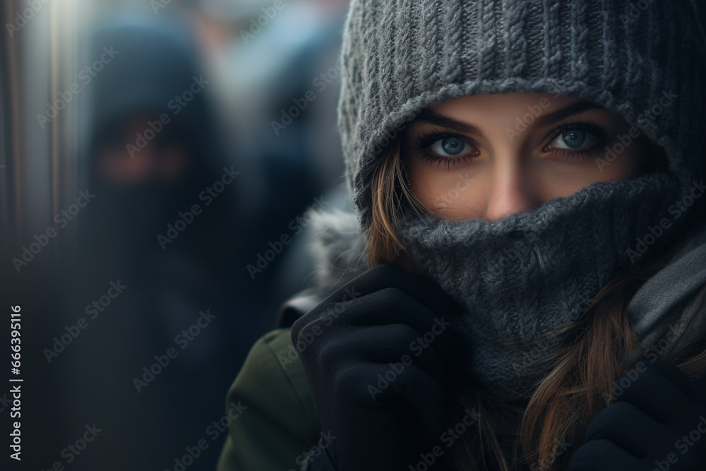 woman with gloves on covering his face in winter in a city on the fashion style bokeh background