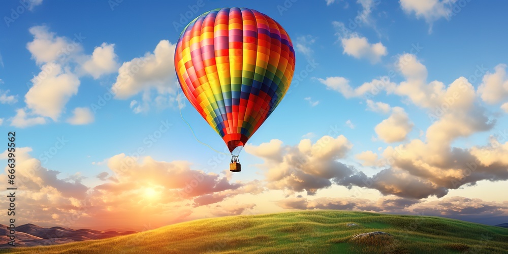 A rainbow-colored hot air balloon rises in a clear, cloudy sky