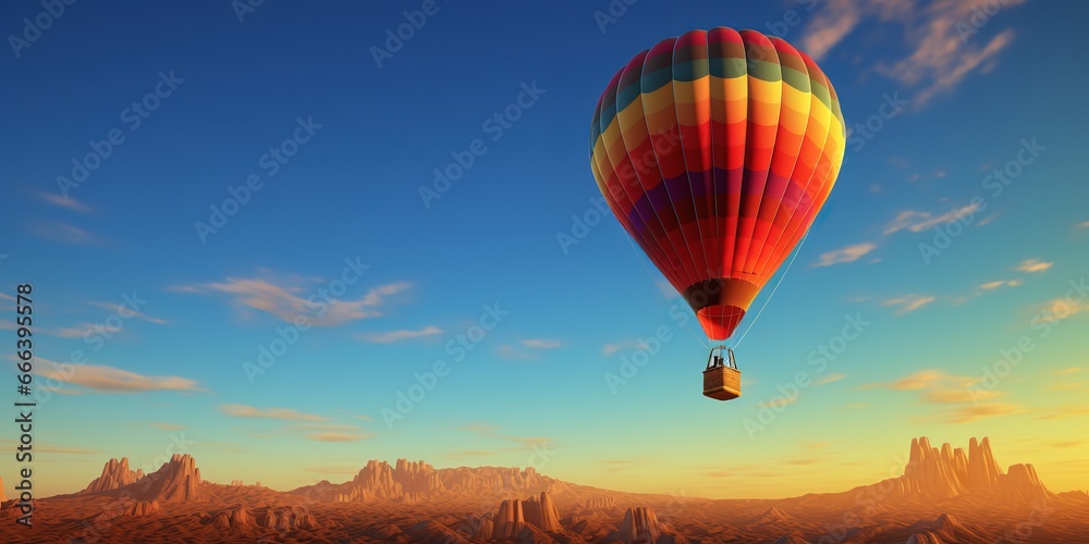 Obraz premium A rainbow-colored hot air balloon rises in a clear, cloudy sky