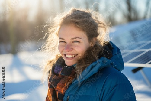a happy woman in winter clothes cleaning solar cell in winter