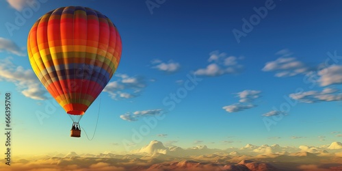 A rainbow-colored hot air balloon rises in a clear, cloudy sky