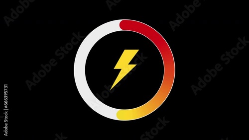Fast battery charging animation with power icon isolated on a black background.