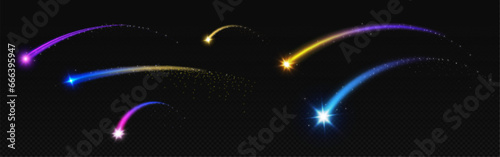 Shooting star light arc curve with magic glitter. Blue arch neon sparkle beam line. Speed trail shine vector effect. Glowing gold and purple track. Flying twinkle motion overlay. Night meteor burst