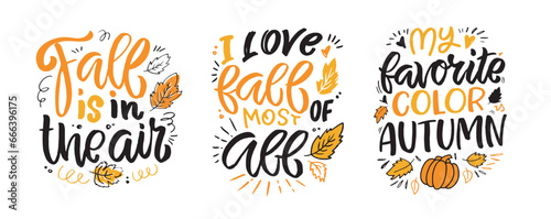 Cute set of hand drawn doodle lettering postars about autumn, fall, leaves, pumpkin, thanksgiving, season.