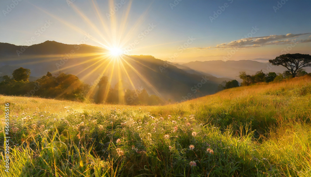 Golden Sunrise over Mountain Meadow Refreshing Landscape with Sunrays
