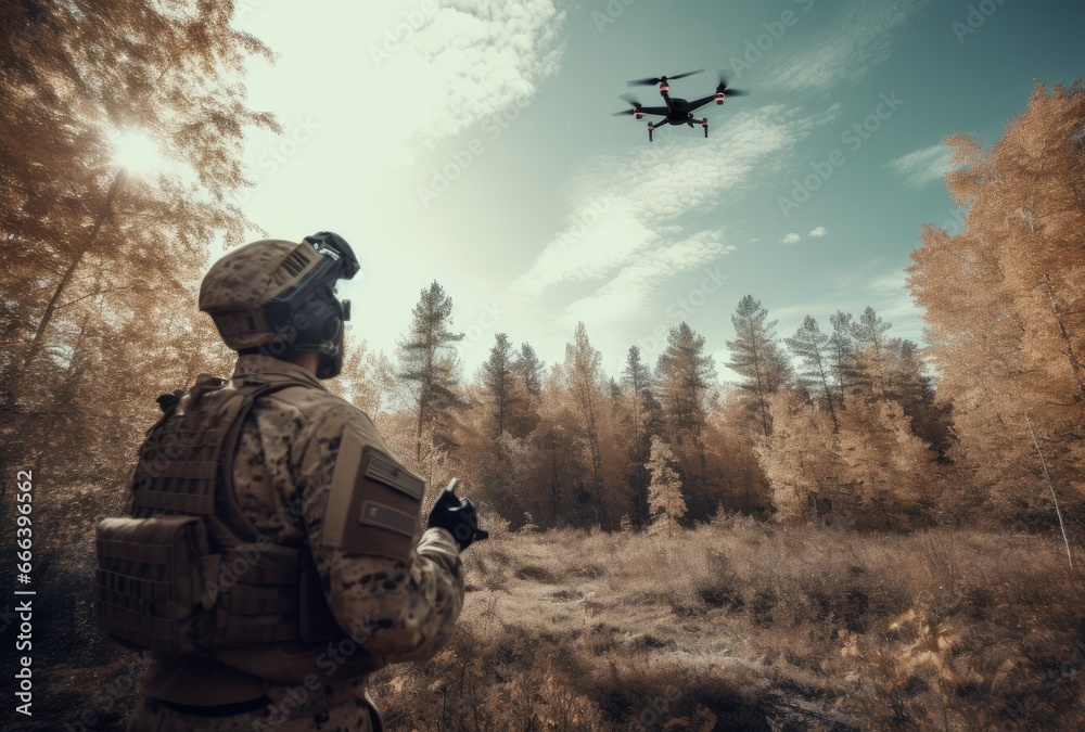 Soldiers launching a drone in an outdoor setting, Military drone