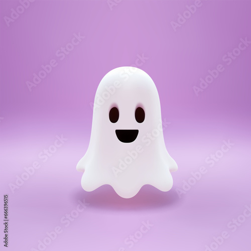 Cute smiling ghost Halloween white flying kawaii character 3d icon realistic vector illustration