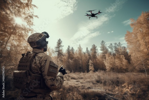 Soldiers launching a drone in an outdoor setting, Military drone
