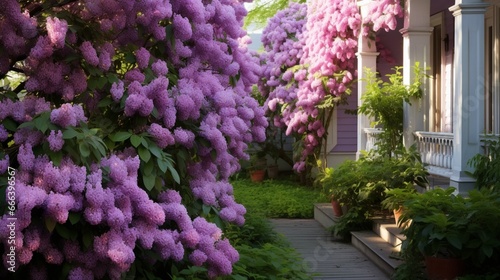 A lilac bush in full bloom, its purple clusters intoxicatingly fragrant.