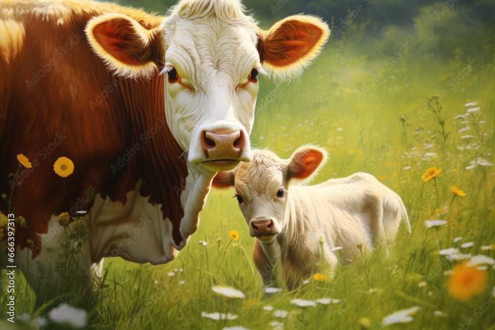 A rural scene with a cow and a calf in a green meadow A rural scene with a cow and a calf in a green meadow