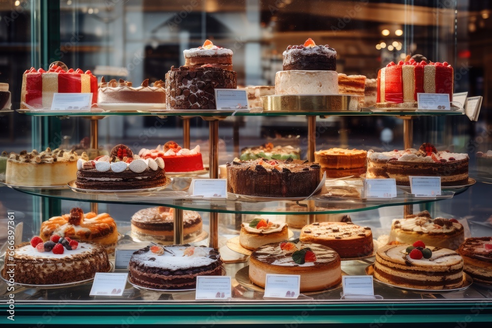 Assorted cakes in a shop window for sale