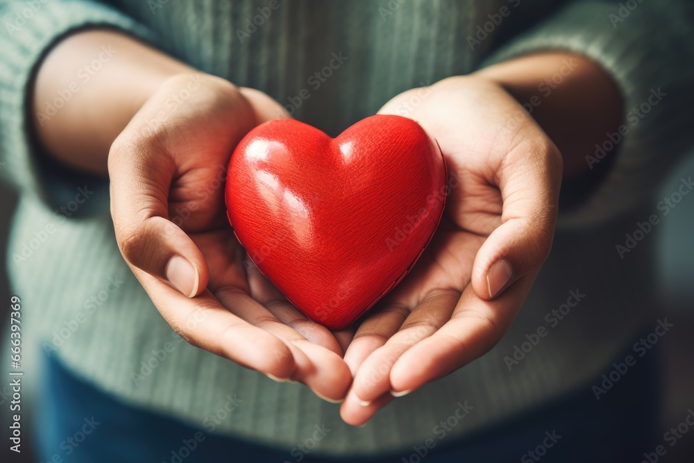 Close up of red heart holding in hands. Concept of health and medical care. Close up of red heart holding in hands. Concept of health and medical care.