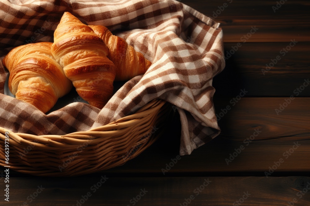 Croissant in a basket with cloth on a wooden table.