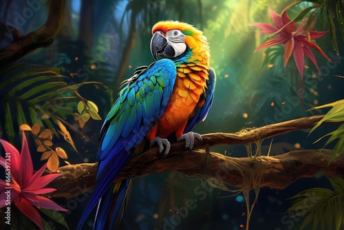 Colorful illustration scarlet macaw parrot in jungle.
